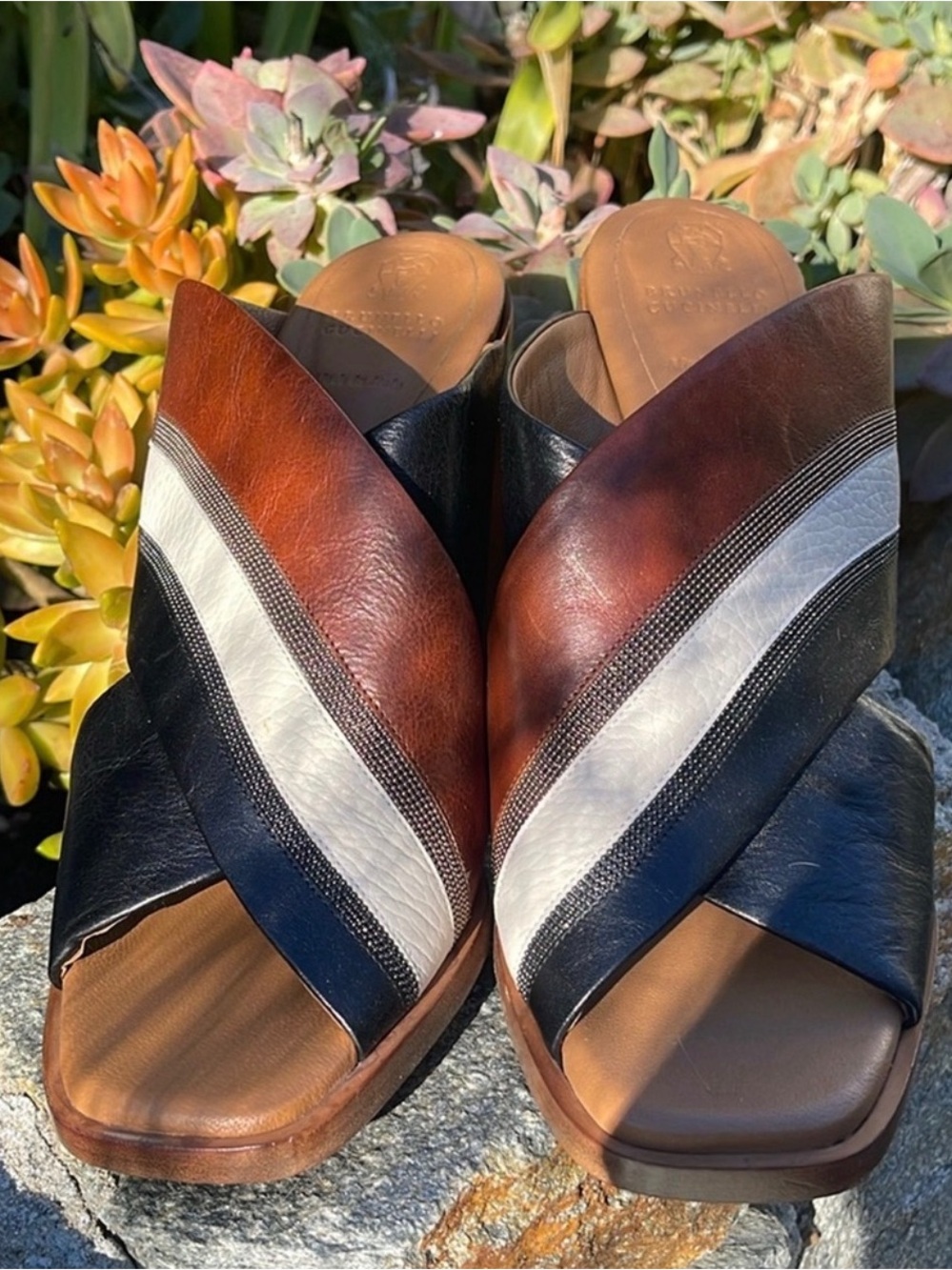 Brunello Cucinelli Leather Sole Sandal in Brown, White and Black